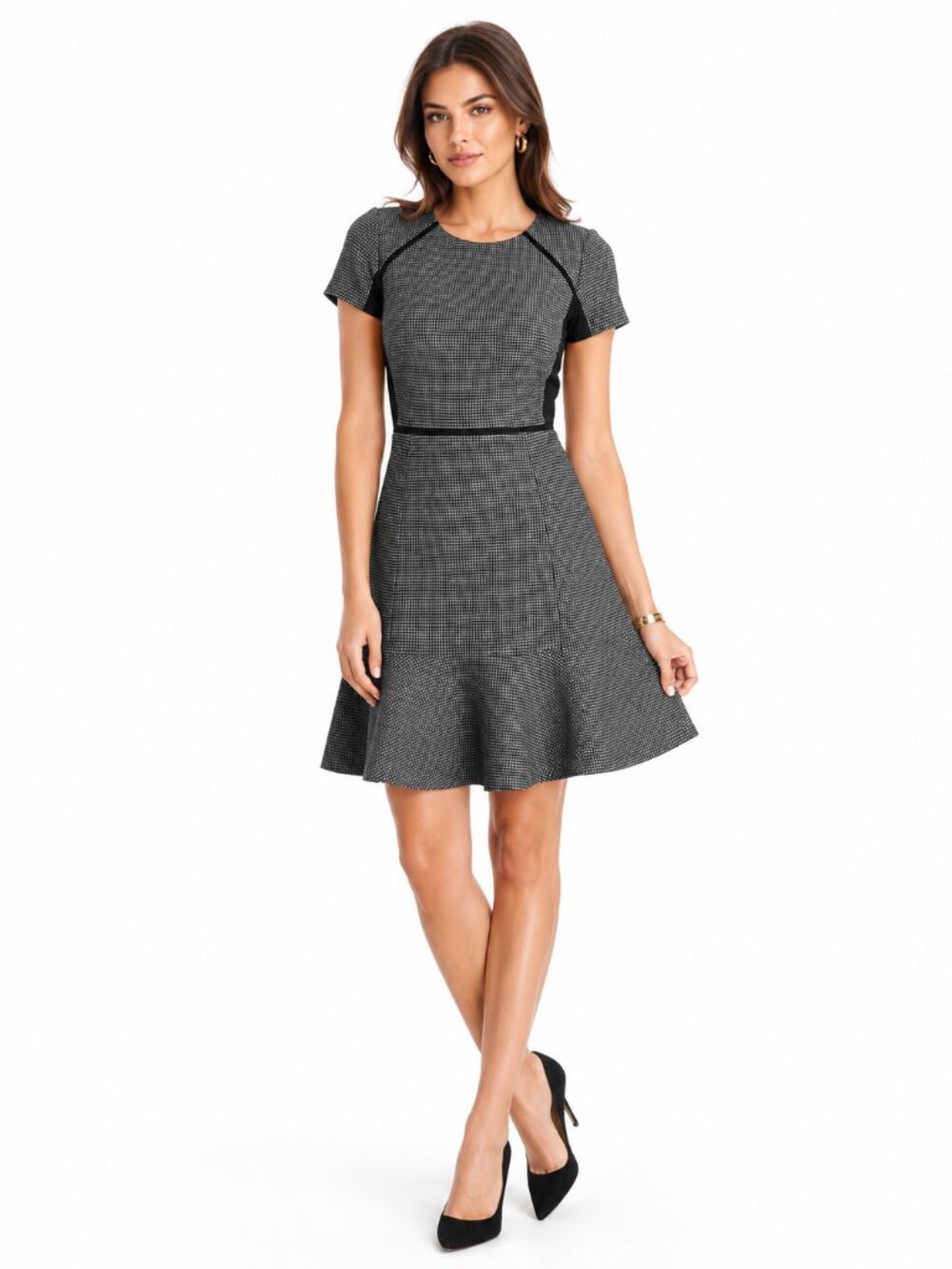J.Crew Checkered Flutter Dress 00 Wool Tweed Heritage Checks Black Gray Workwear
